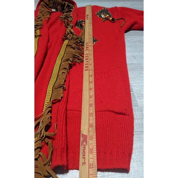 Vintage Aztec Long Red Sweater Cardigan Southwest Fringes Women's OSFA - Picture 10 of 11
